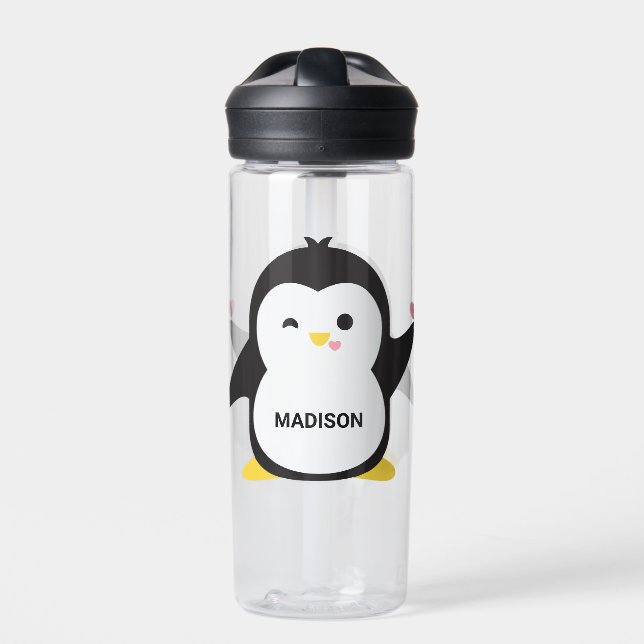 Custom Name Cute Penguin Water Bottle (Front)