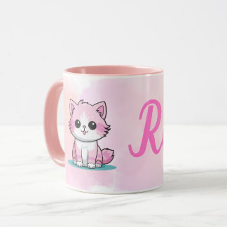 Custom Name Cute Pink Cat Girls Watercolour Kitten Mug