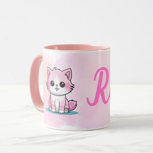 Custom Name Cute Pink Cat Girls Watercolour Kitten Mug (Front Left)