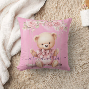 Custom Name Cute Pink Teddy Bear Girl's Cushion