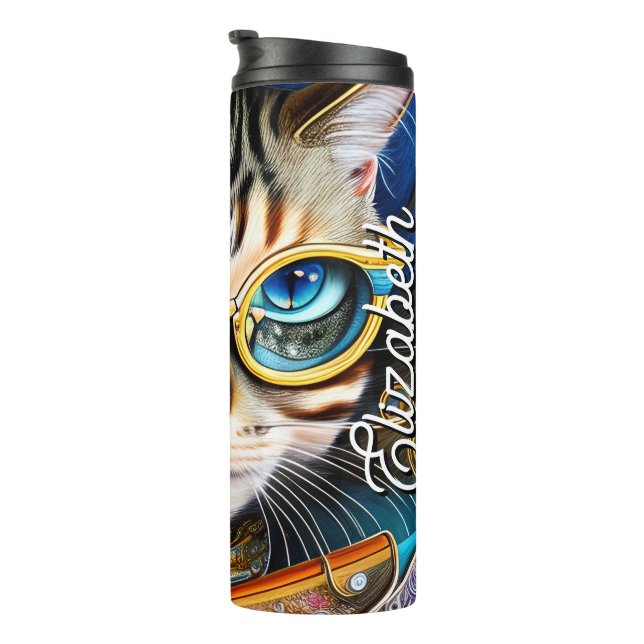 Custom Name Cute Retro Cat Wearing Glasses Thermal Tumbler (Rotated Right)