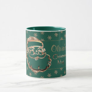 Custom Name Cute Santa Green Gold Christmas Mug
