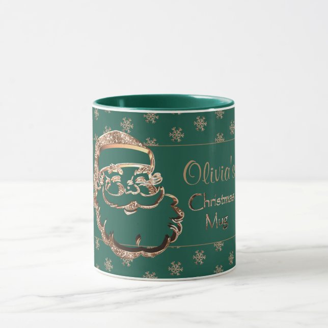 Custom Name Cute Santa Green Gold Christmas Mug (Center)
