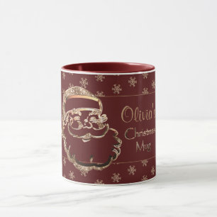Custom Name Cute Santa Red Maroon Gold Christmas Mug