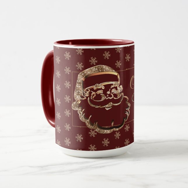 Custom Name Cute Santa Red Maroon Gold Christmas Mug (Front Left)
