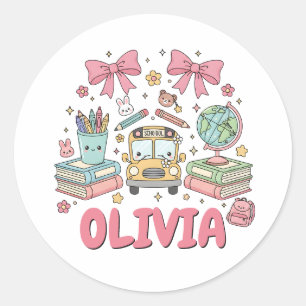 Custom Name Cute School Supplies Classic Round Sticker