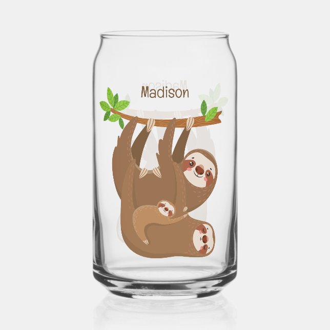 Custom Name Cute Sloths Can Glass (Front)