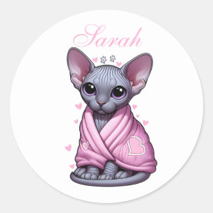 Custom Name Cute Sphynx Kitten Pink Classic Round Sticker