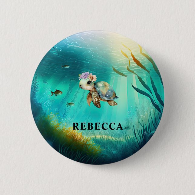 Custom Name Cute Turtle Ocean Background Kids  6 Cm Round Badge (Front)