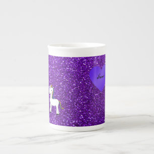 Custom name cute unicorn purple glitter heart bone china mug