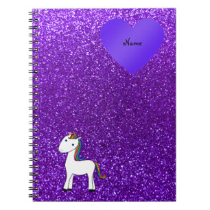 Custom name cute unicorn purple glitter heart notebook