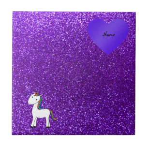 Custom name cute unicorn purple glitter heart tile