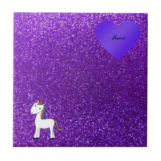 Custom name cute unicorn purple glitter heart tile (Front)