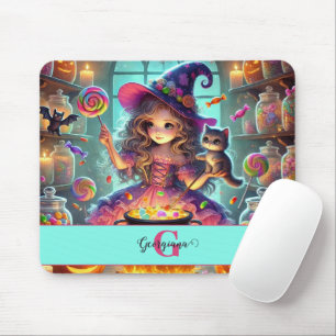 Custom Name Cute Whimsical Witch Halloween Treats Mouse Mat