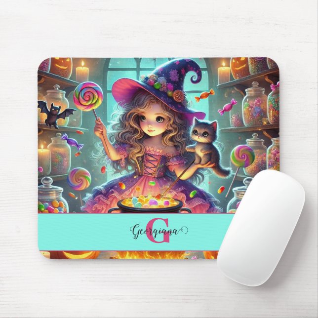 Custom Name Cute Whimsical Witch Halloween Treats Mouse Mat (With Mouse)
