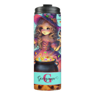 Custom Name Cute Whimsical Witch Halloween Treats Thermal Tumbler