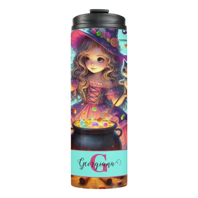 Custom Name Cute Whimsical Witch Halloween Treats Thermal Tumbler (Front)