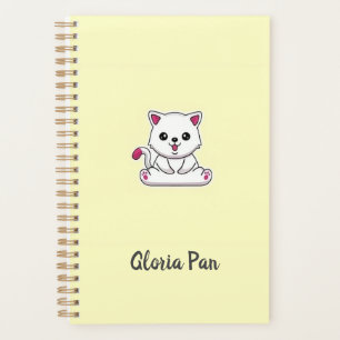 Custom name cute white cat on yellow planner