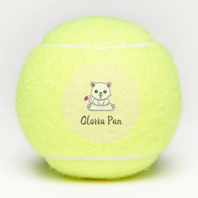 Custom name cute white cat on yellow tennis balls (Front)