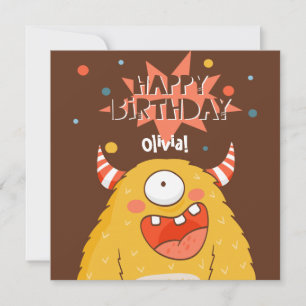 Custom Name Cute Yellow Monster Birthday Holiday Card