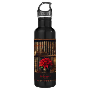 Custom Name Dark Academia Poinsettia Bookshelf 710 Ml Water Bottle