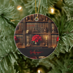 Custom Name Dark Academia Poinsettia Bookshelf Ceramic Tree Decoration