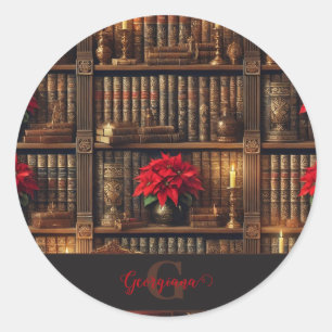 Custom Name Dark Academia Poinsettia Bookshelf Classic Round Sticker