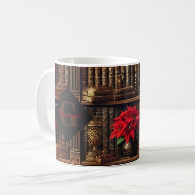 Custom Name Dark Academia Poinsettia Bookshelf Coffee Mug (Front Left)