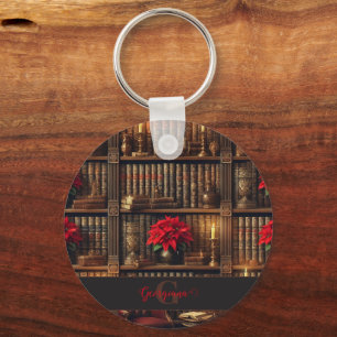 Custom Name Dark Academia Poinsettia Bookshelf Key Ring