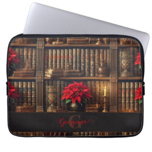 Custom Name Dark Academia Poinsettia Bookshelf Laptop Sleeve