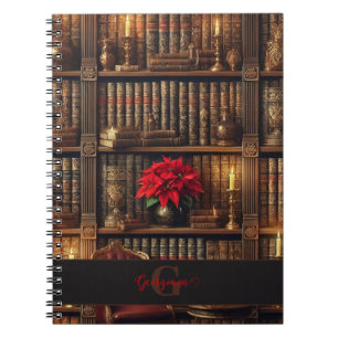 Custom Name Dark Academia Poinsettia Bookshelf Notebook