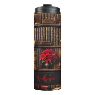 Custom Name Dark Academia Poinsettia Bookshelf Thermal Tumbler