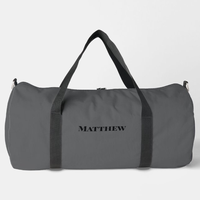 Custom Name Dark Grey Black Duffle Gym Bag (Front)
