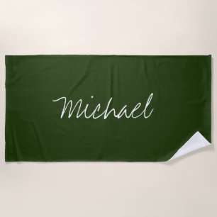 Custom Name Dark Moss Green Beach Towel
