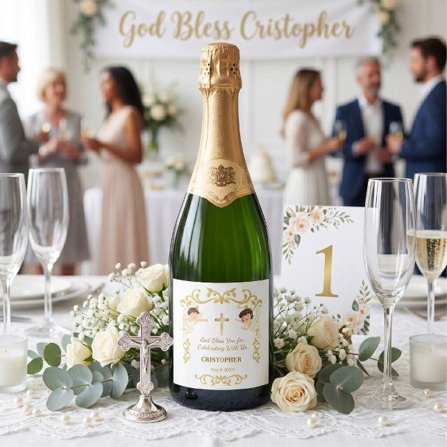 Custom Name & Date Angel Baptism Keepsake Sparkling Wine Label (Creator Uploaded)