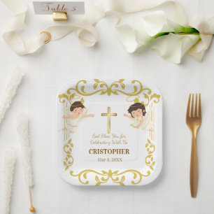 Custom Name & Date Angel Christening Keepsake Paper Plate