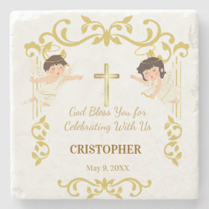 Custom Name & Date Angel Christening Keepsake Stone Coaster