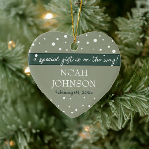 Custom Name & Date Baby on the Sage Green Snowy Ceramic Tree Decoration
