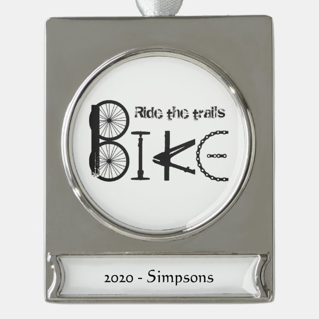 Custom Name date Bike Word from Bicycle Parts Silver Plated Banner Ornament (Front)