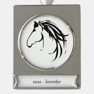 Custom Name date Classic Horse Head Logo Black Silver Plated Banner Ornament