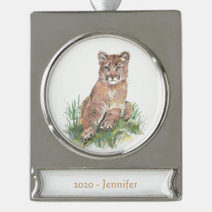 Custom Name date Cougar, Mountain Lion Watercolor Silver Plated Banner Ornament
