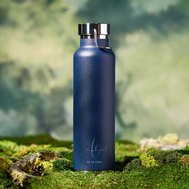 Custom Name Date Elegant Stylish Navy Water Bottle (Outdoor (Rotated))