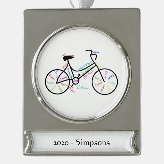 Custom Name date Motivational Bike Sport Words Silver Plated Banner Ornament (Front)