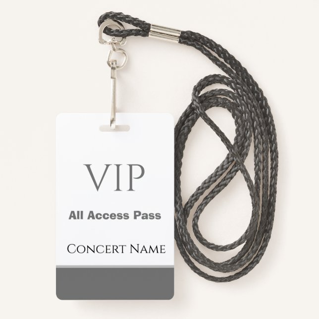 Custom Name Date VIP All Access Pass Concert Grey ID Badge (Front with Lanyard)