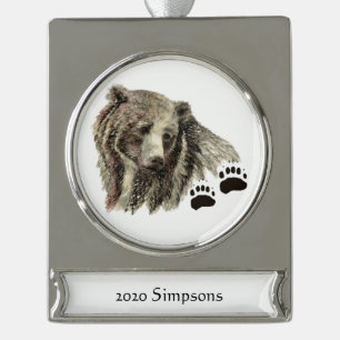 Custom Name Date Watercolor Grizzly Bear Animal Silver Plated Banner Ornament