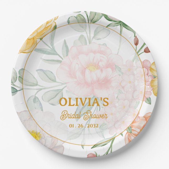 Custom Name Date Yellow Floral Bridal Shower Party Paper Plate (Front)