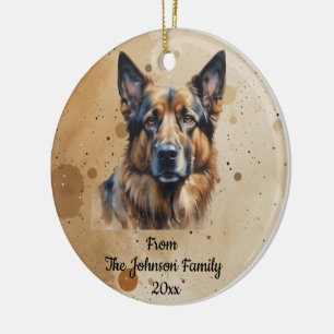 Custom Name, Dated Christmas German Shepherd Ceramic Tree Decoration