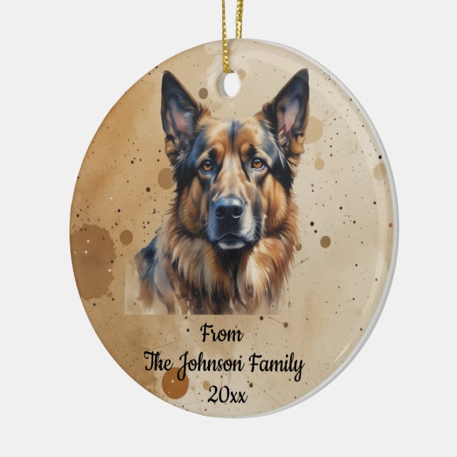 Custom Name, Dated Christmas  German Shepherd Ceramic Tree Decoration (Left)