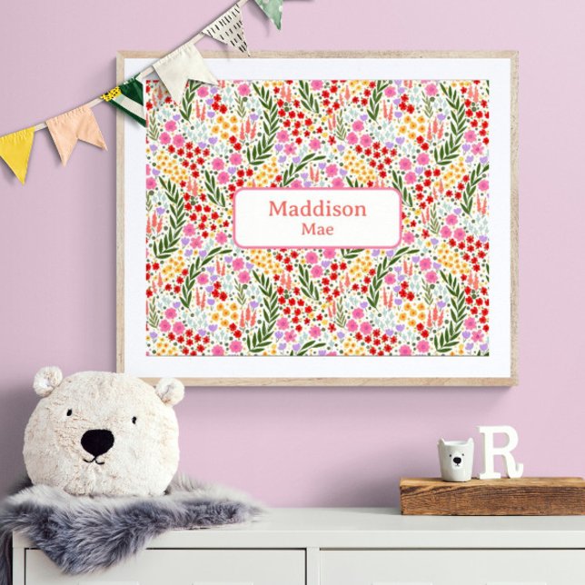 Custom Name Decor Colourful Floral Nursery Art (Customize name! Shown with white mat and wood frame. (you will receive print only) Thank you!)