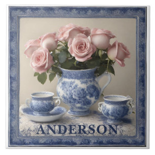 Custom Name Delft Blue Flowers Vase Tile